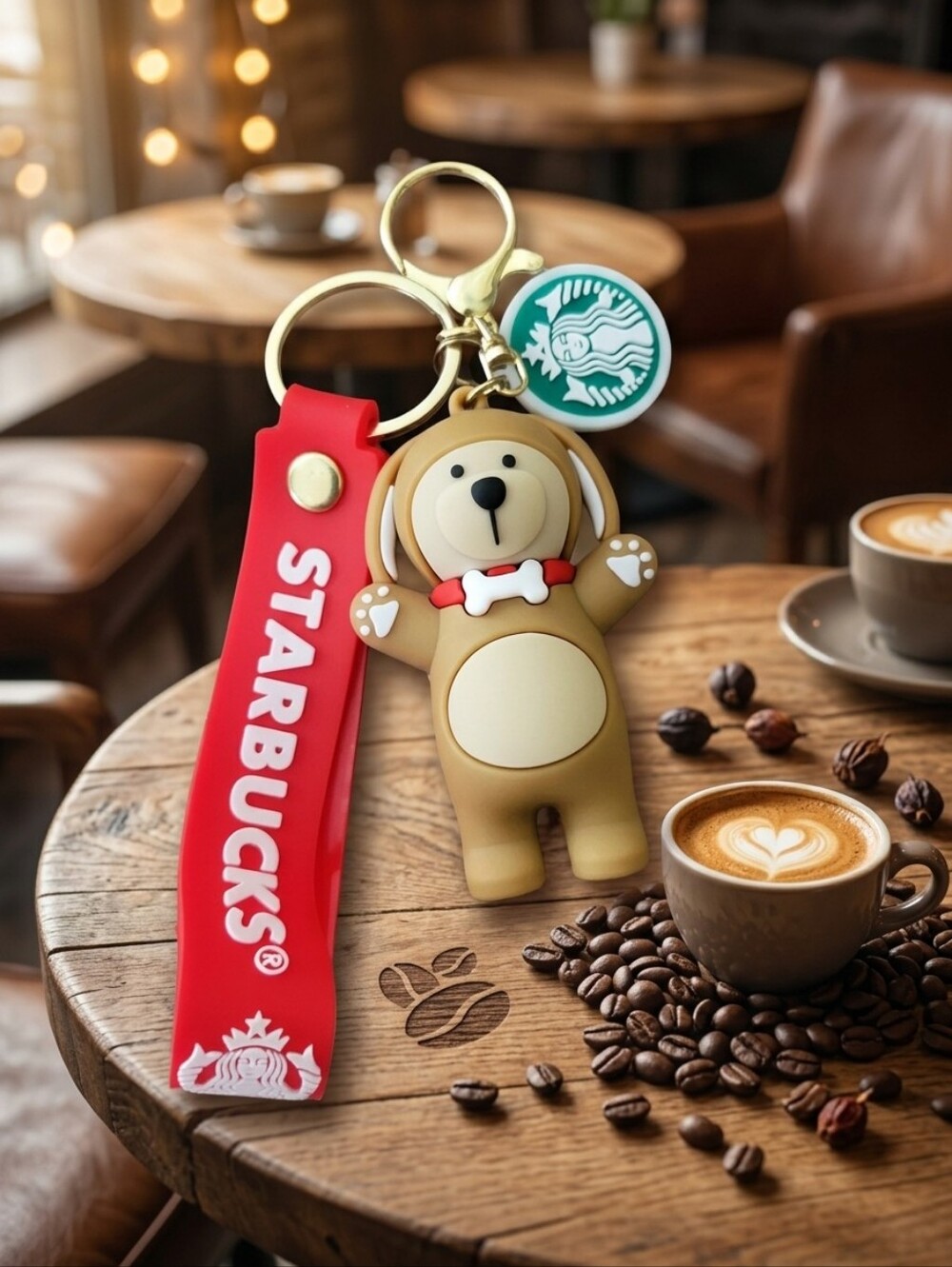 Starbucks Red & Brown Cute Dog Keychain Charm with Green Logo Tag